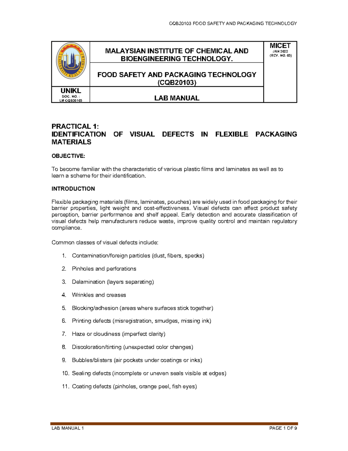 CQB20103 Lab Manual: Identifying Visual Defects in Flexible Packaging ...