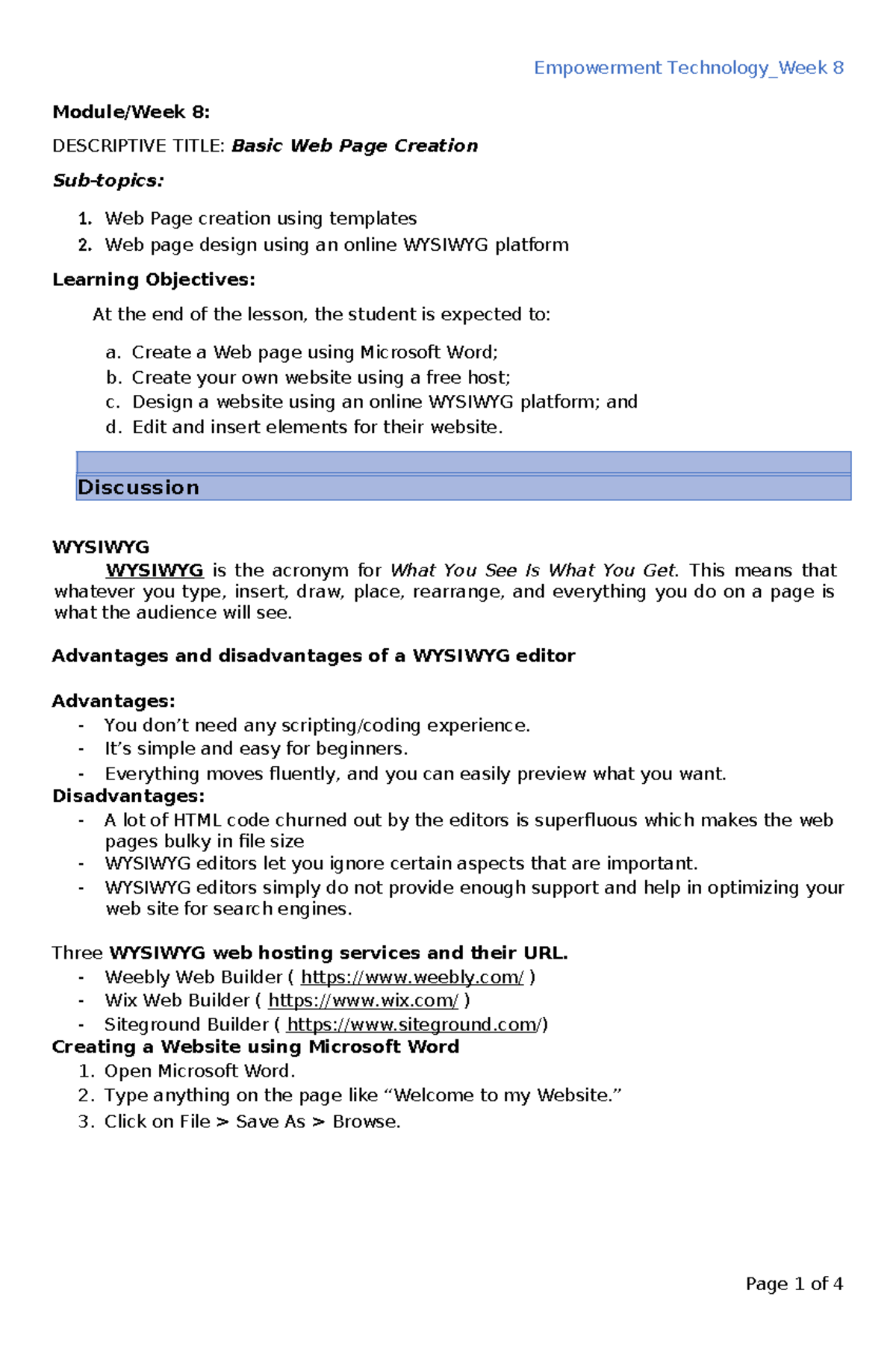 Week 8 Basic Web Page Creation - Module/Week 8: DESCRIPTIVE TITLE ...