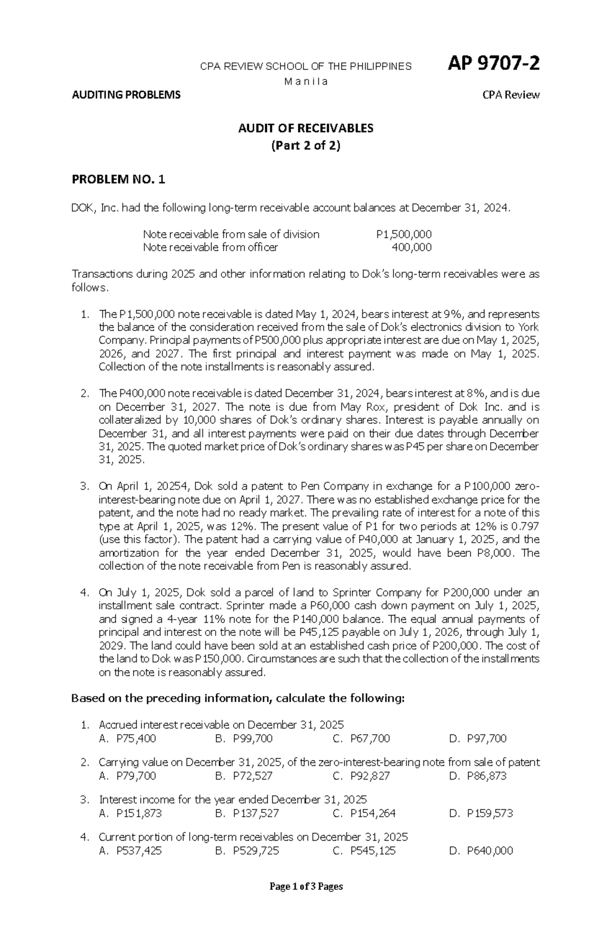 CPA REVIEW: AUDITING PROBLEMS ON RECEIVABLES (Part 2 of 2) - Studocu