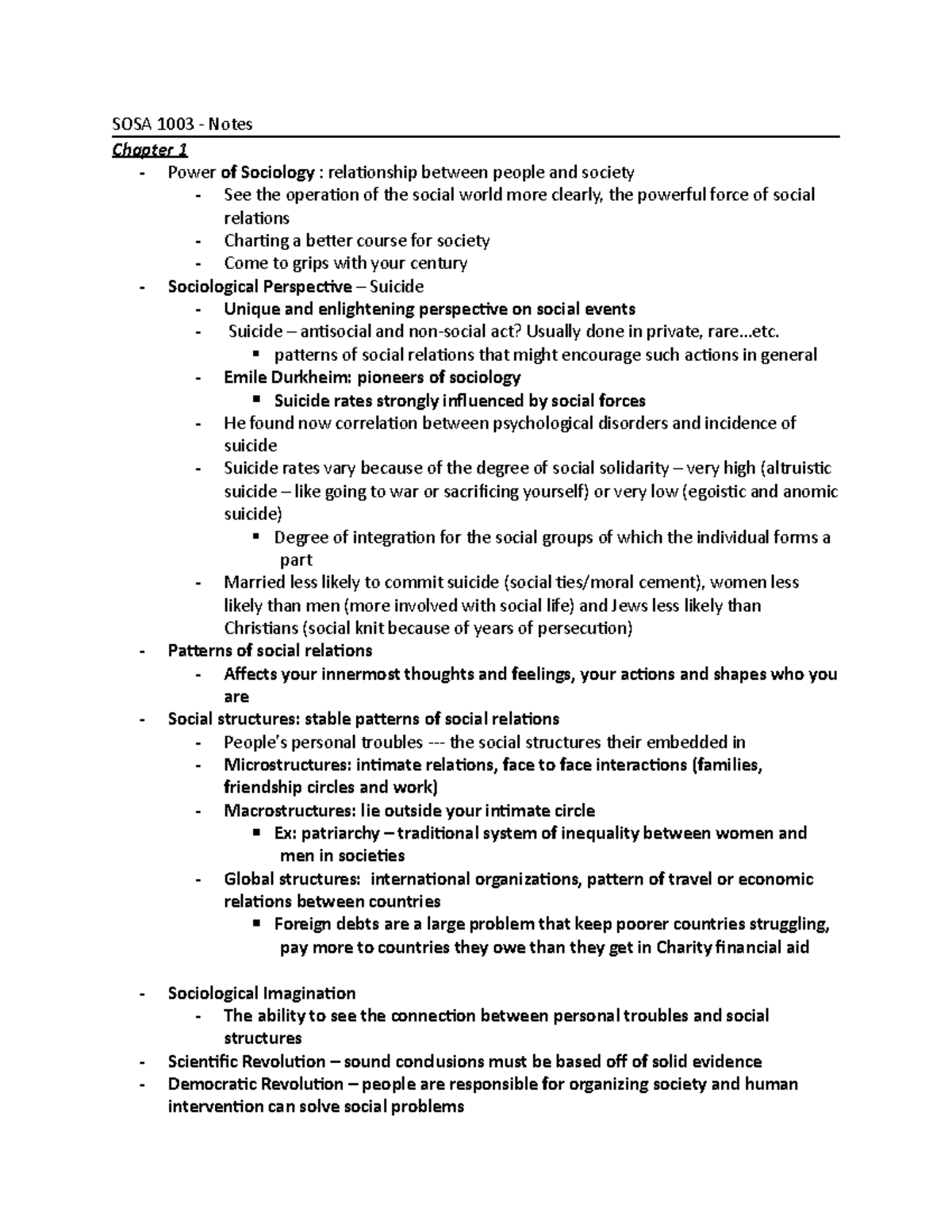 SOSA 1003 - Comprehensive Lecture Notes on Sociological Concepts - Studocu