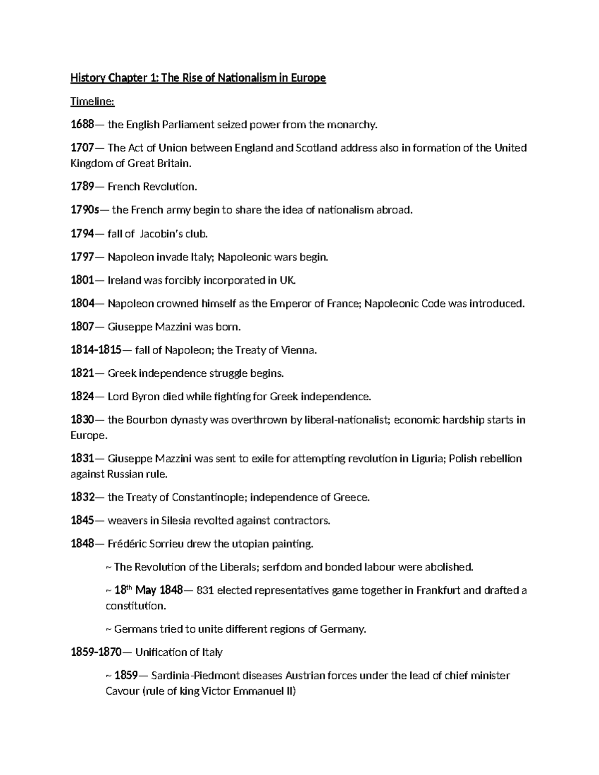 HIST 101: Timeline of the Rise of Nationalism in Europe - Studocu