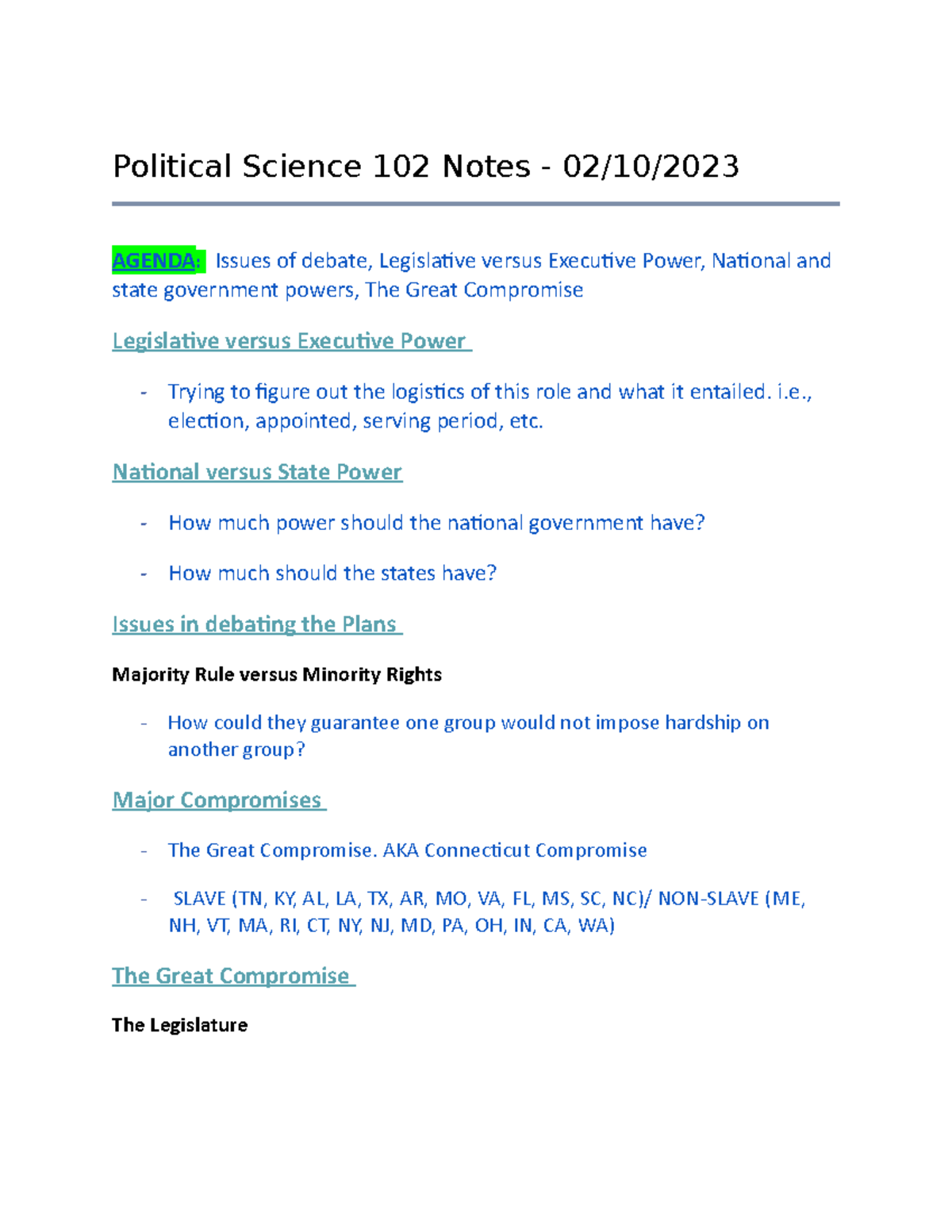 Political Science 102 Lecture Notes: Legislative vs. Executive Power ...