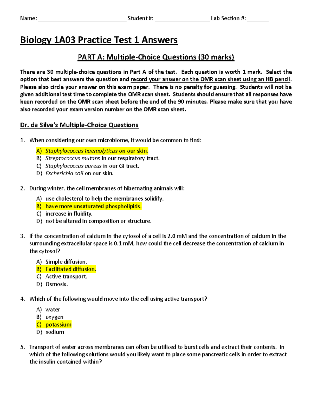 Biology 1A03 Practice Test 1 Answers - Student Lab Section - Studocu