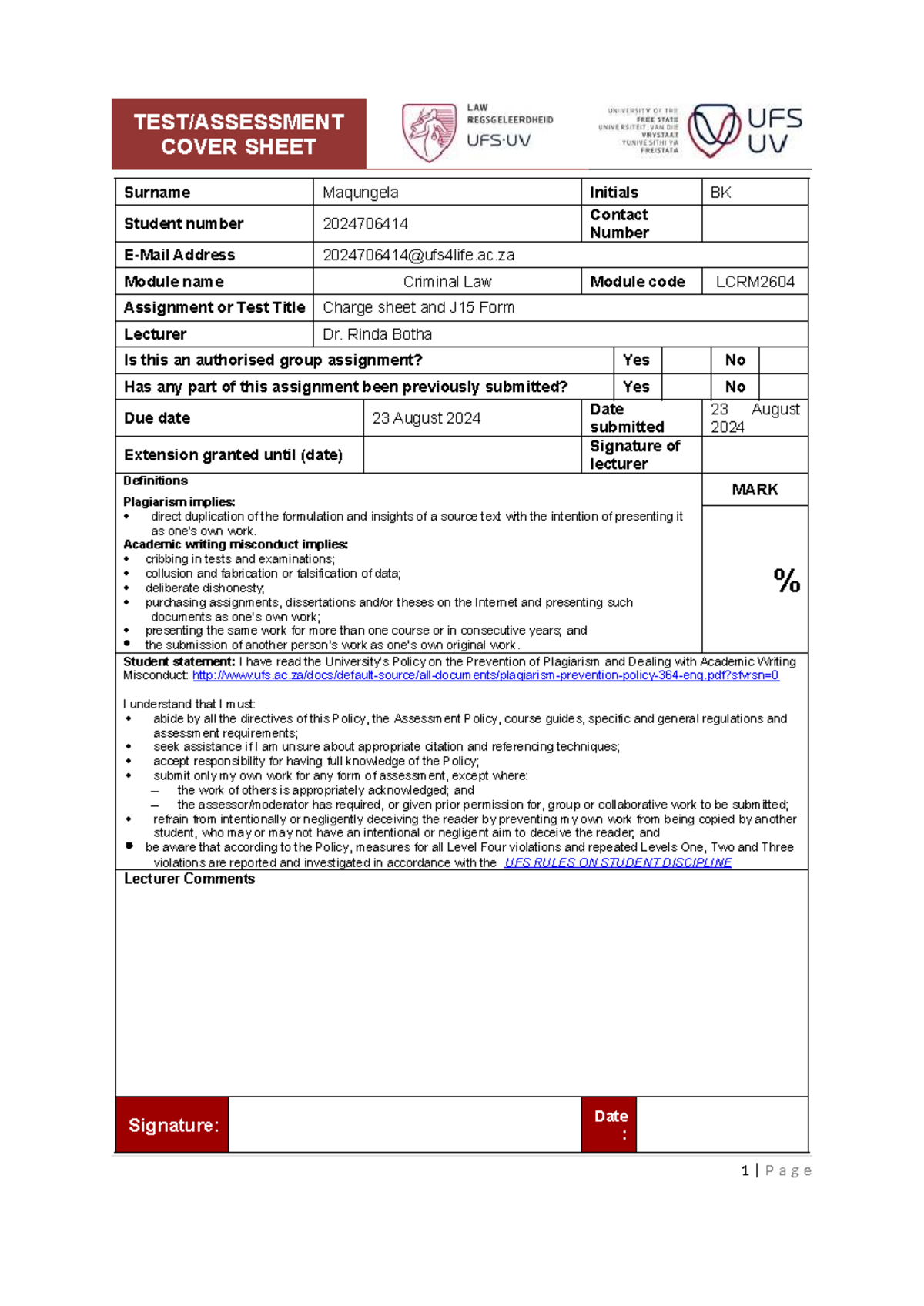 LCRM2604 Criminal Law Assignment: Charge Sheet & J15 Form Analysis ...