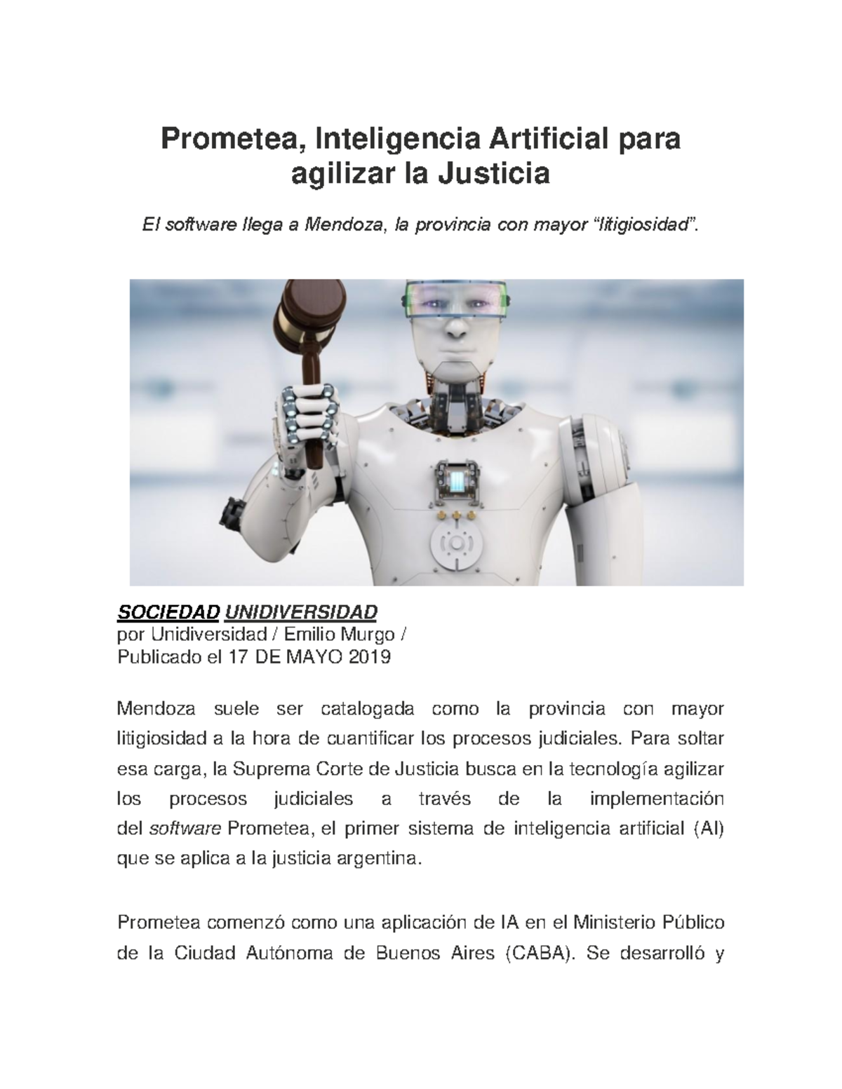 Prometea: IA para Agilizar la Justicia en Mendoza - Clase - Studocu