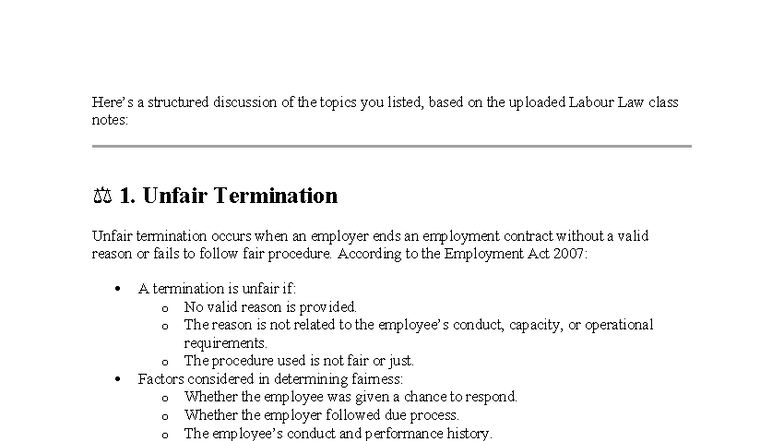 Labour Law Revision Notes: Unfair Termination & Employment Rights - Studocu
