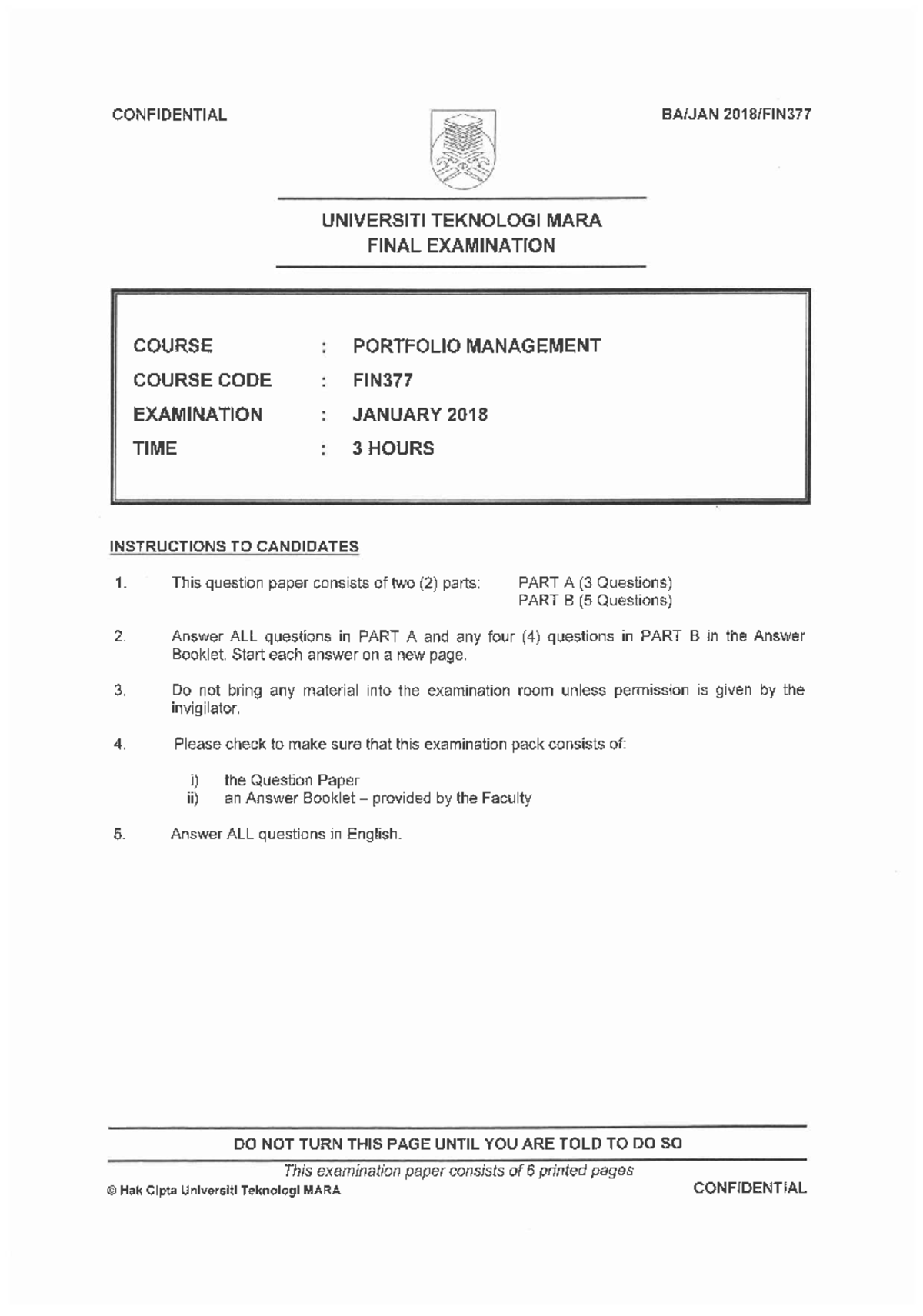 FIN377 Final Exam: Portfolio Management January 2018 - Studocu