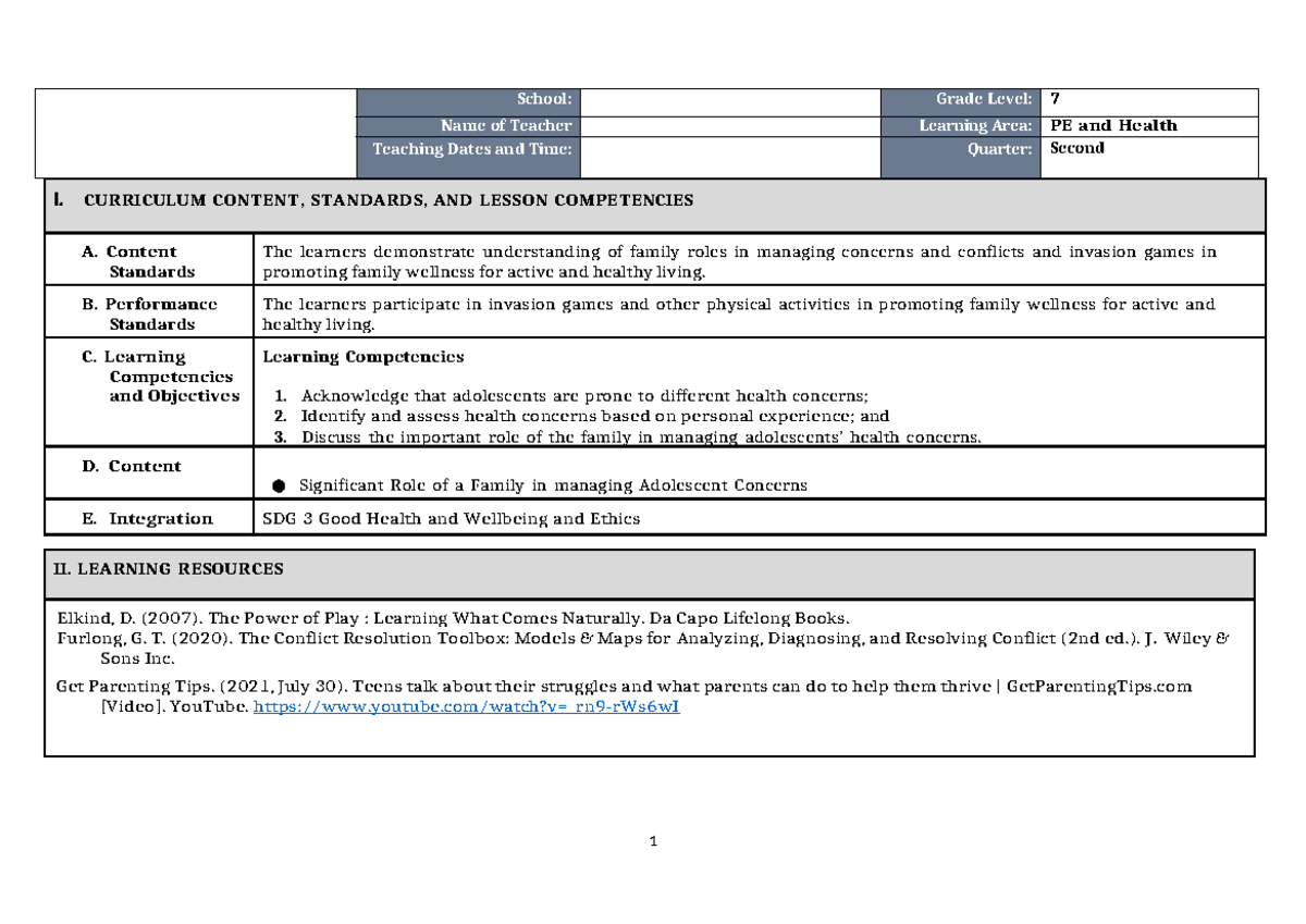DLL Matatag PE & Health 7 Q2 W1: Family Roles in Adolescent Wellness ...