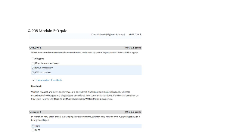 CJ205 Module 2-0 Quiz Study Guide - Communication & Policing Styles ...