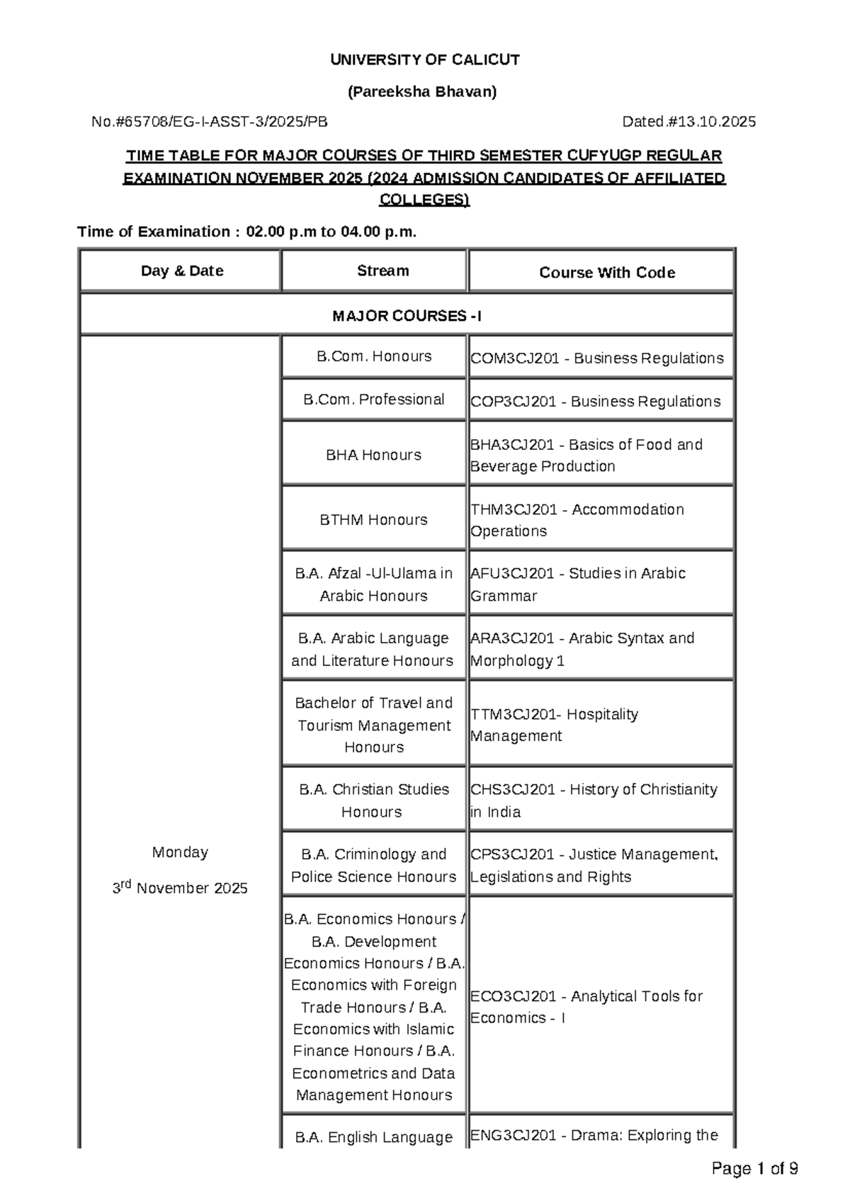 TT-3RD Major Courses Time Table for Nov 2025 Exams - Studocu