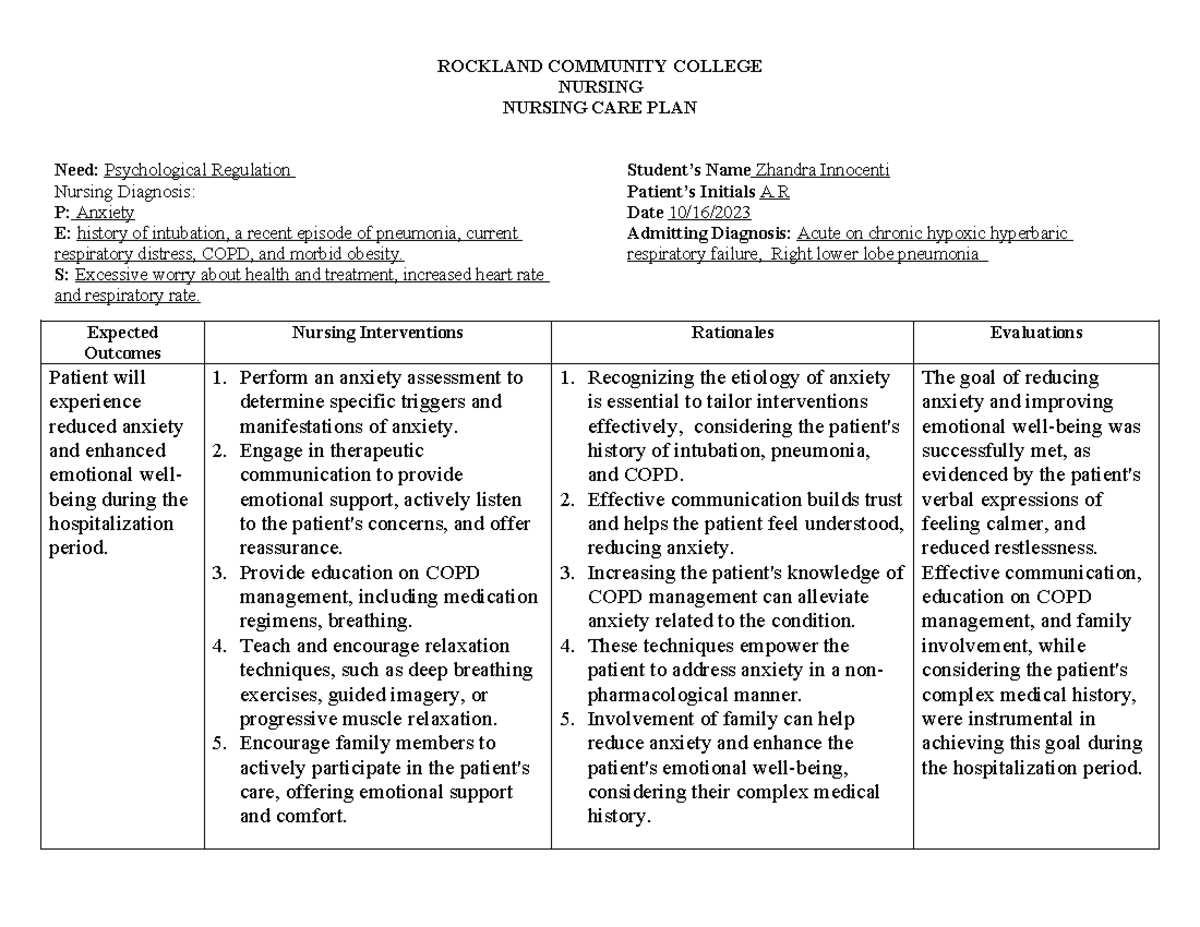 NURSING CARE PLAN: Anxiety Management for COPD Patients (NURS 101 ...