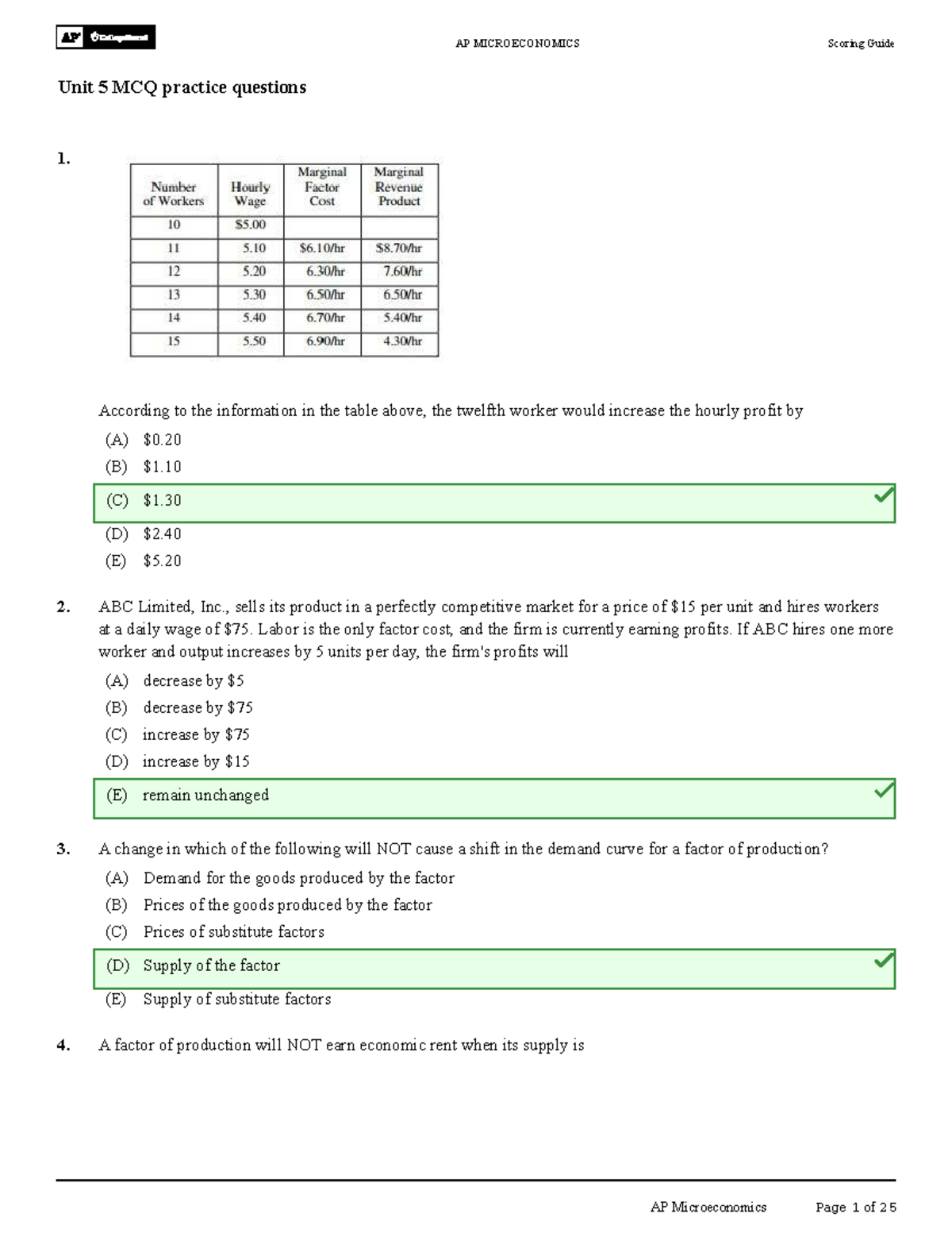 AP MICROECONOMICS Unit 5 MCQ Practice Questions & Scoring Guide - Studocu
