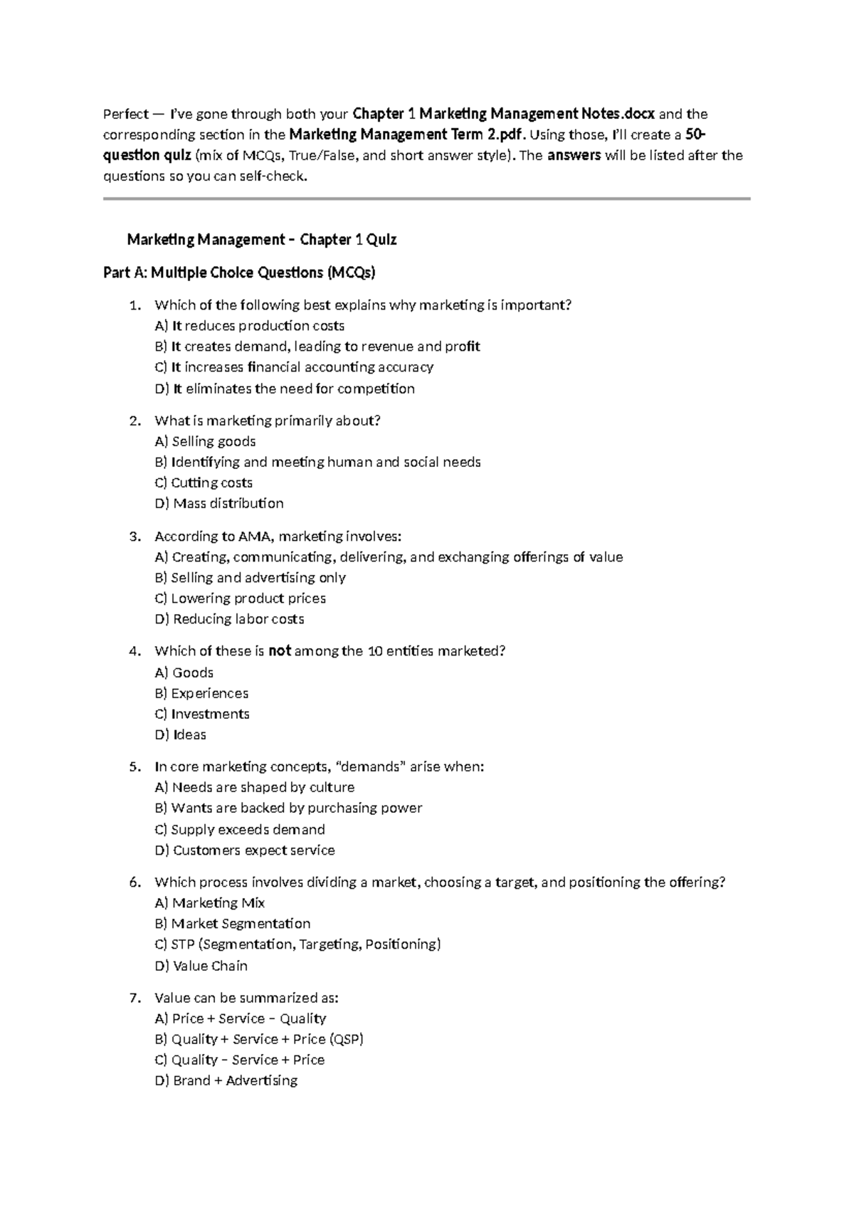 Marketing Management Term 2: Chapter 1 Quiz with 50 Questions - Studocu