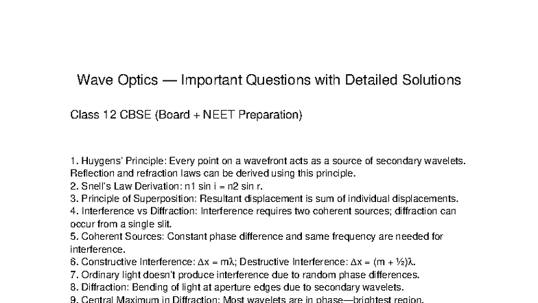 Wave Optics Important Questions & Solutions Class 12 CBSE - Studocu