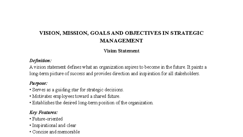 Strategic Management: Vision, Mission, Goals & Objectives Overview ...