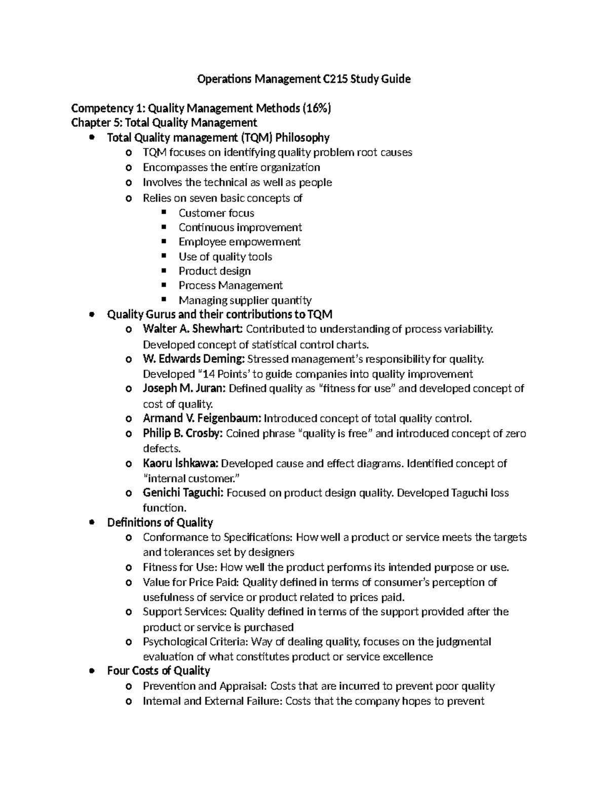 C215 Final Exam Study Guide: Key Concepts in Operations Management ...