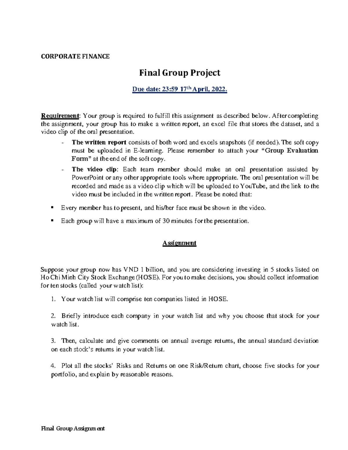 Final Group Project - Risk and Return - Final Group Assignment ...