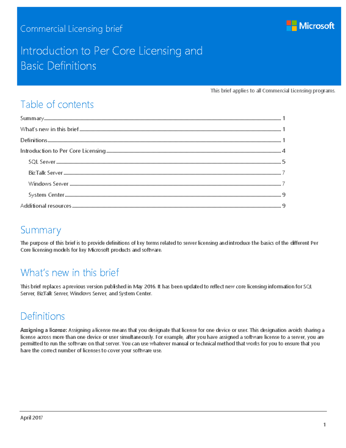 Per Core Licensing Definitions VLBrief - April 2017 This brief applies ...