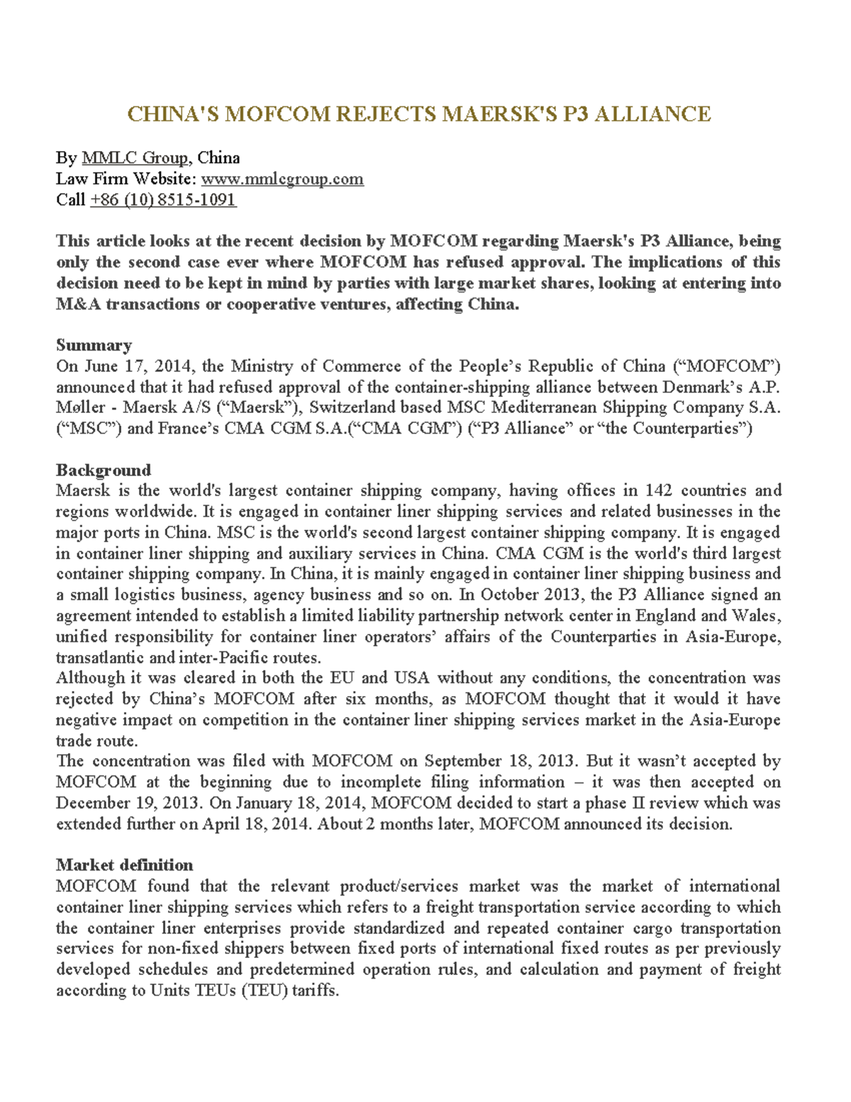 MOFCOM's Rejection of P3 Alliance: Implications for Shipping Market ...