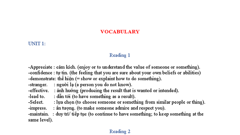 VOCABULARY UNIT 1 & 2: Reading Insights and Key Terms - Studocu