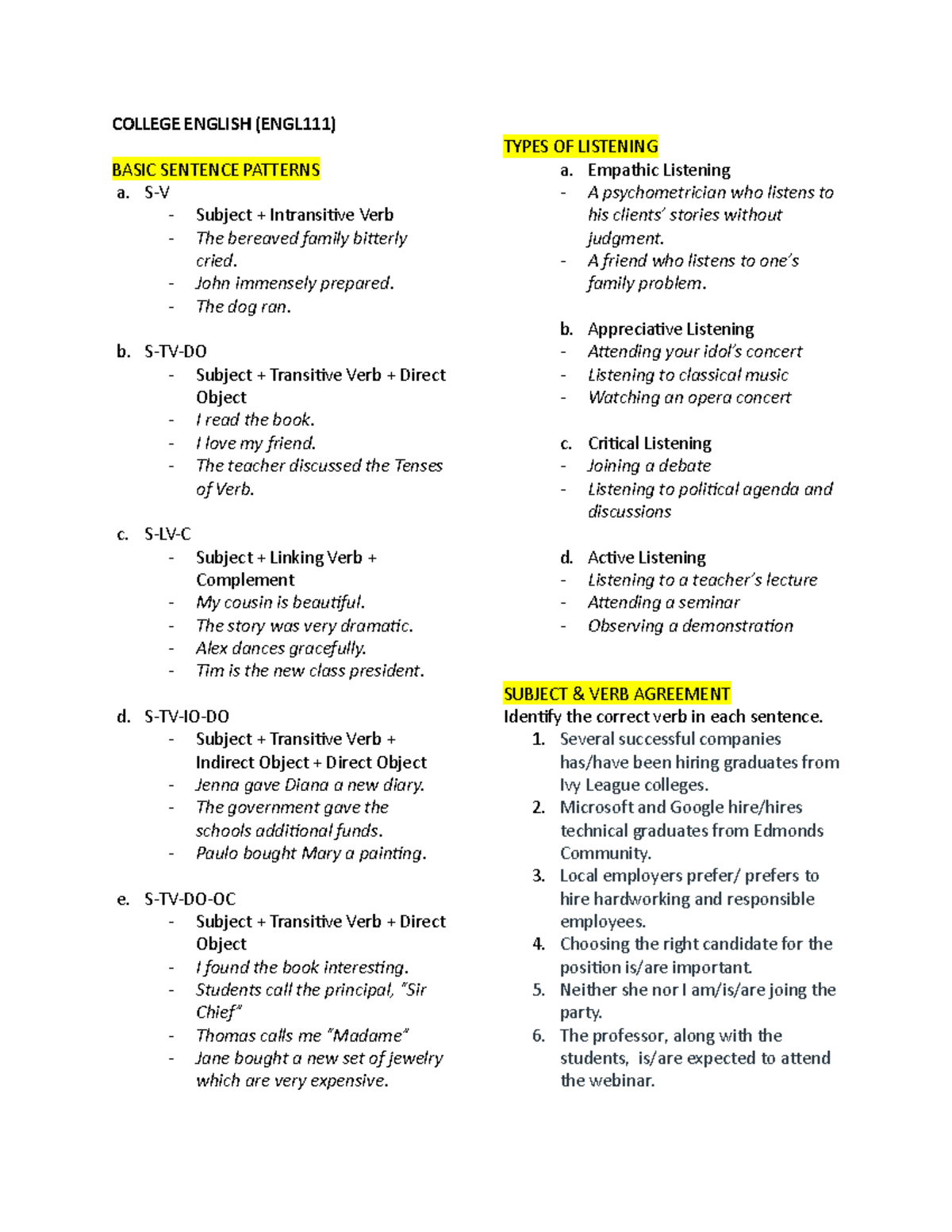 ENGL111 College English Prelim Reviewer: Basic Sentence Patterns ...