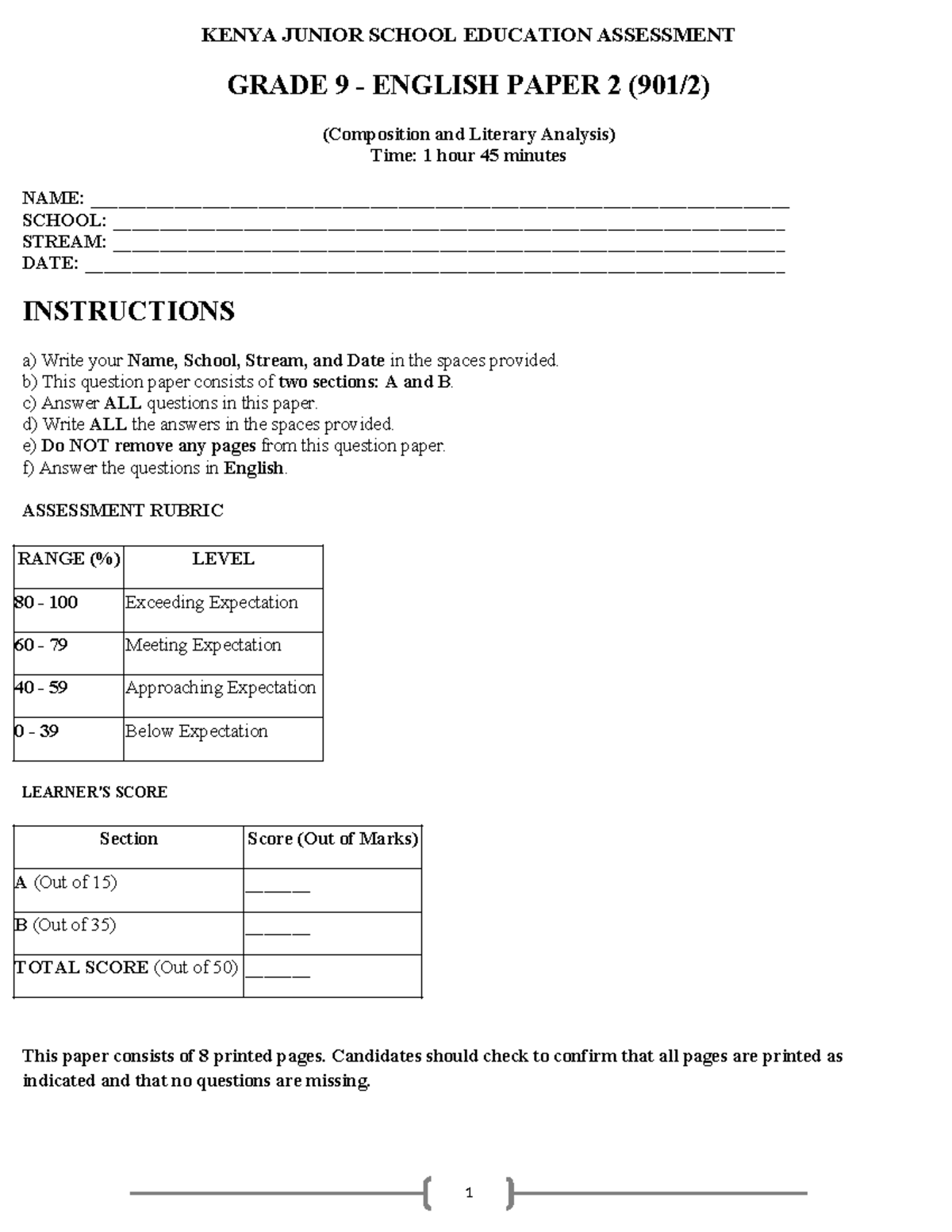 G9 English Paper 2 - Composition & Literary Analysis Assessment - Studocu