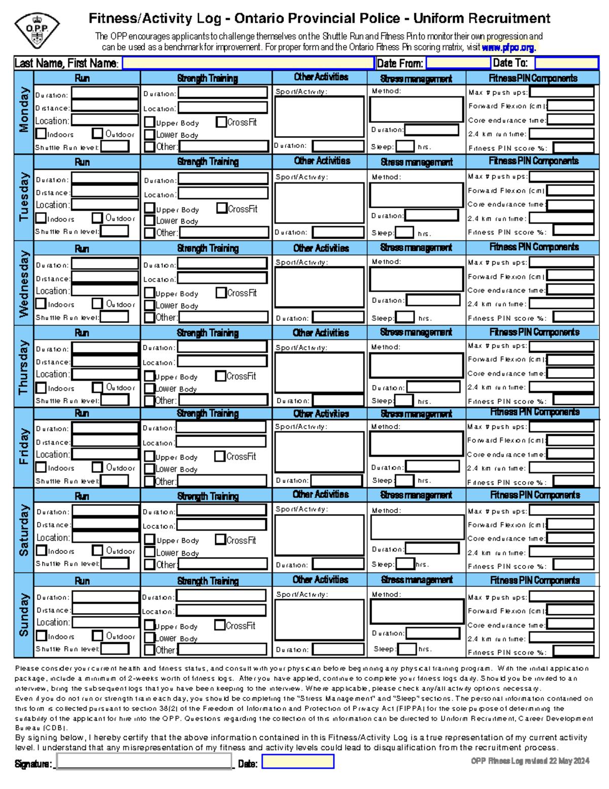 OPP Fitness Log for Uniform Recruitment: Training & Progress Tracking ...