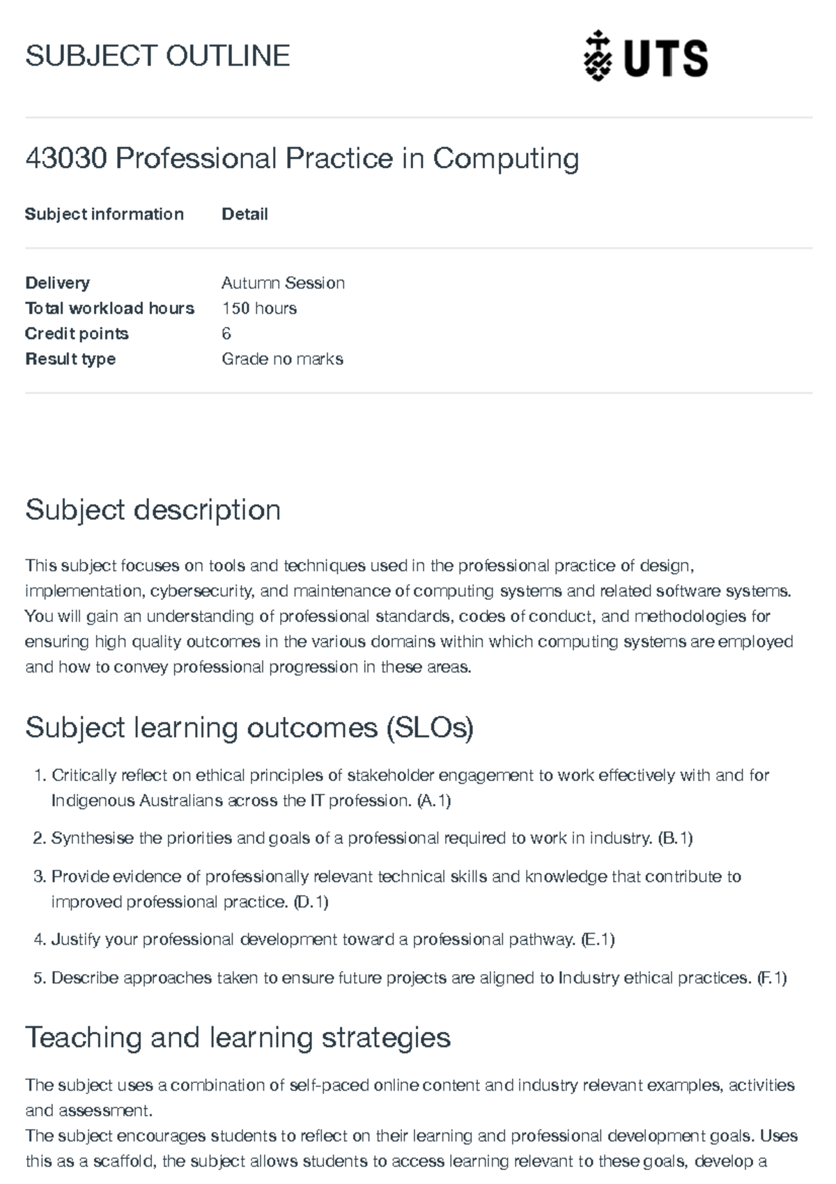 Professional Practice in Computing 43030 Subject Outline and Overview ...