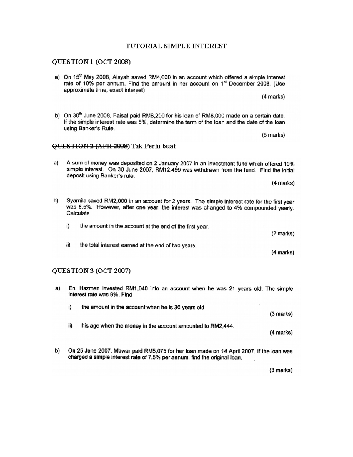 Mat112-simple interest - TUTORIAL SIMPLE INTEREST QUESTION 1 (OCT 2008 ...