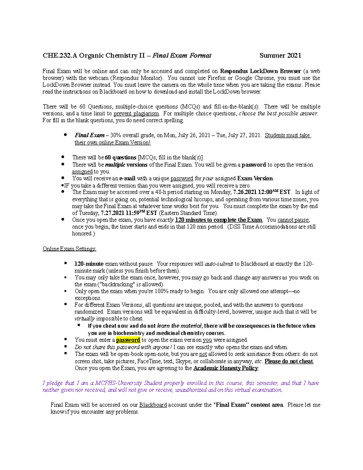 CHE.232 Organic Chemistry II – Final Exam Format Practice Guide - Studocu