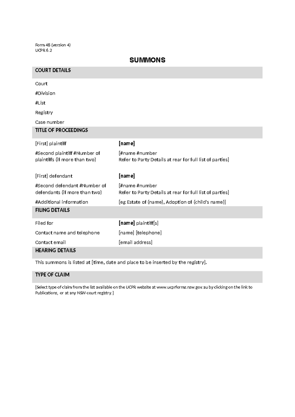 UCPR 6.2 Form 4B v4 - Summons & Statement of Claims - Studocu