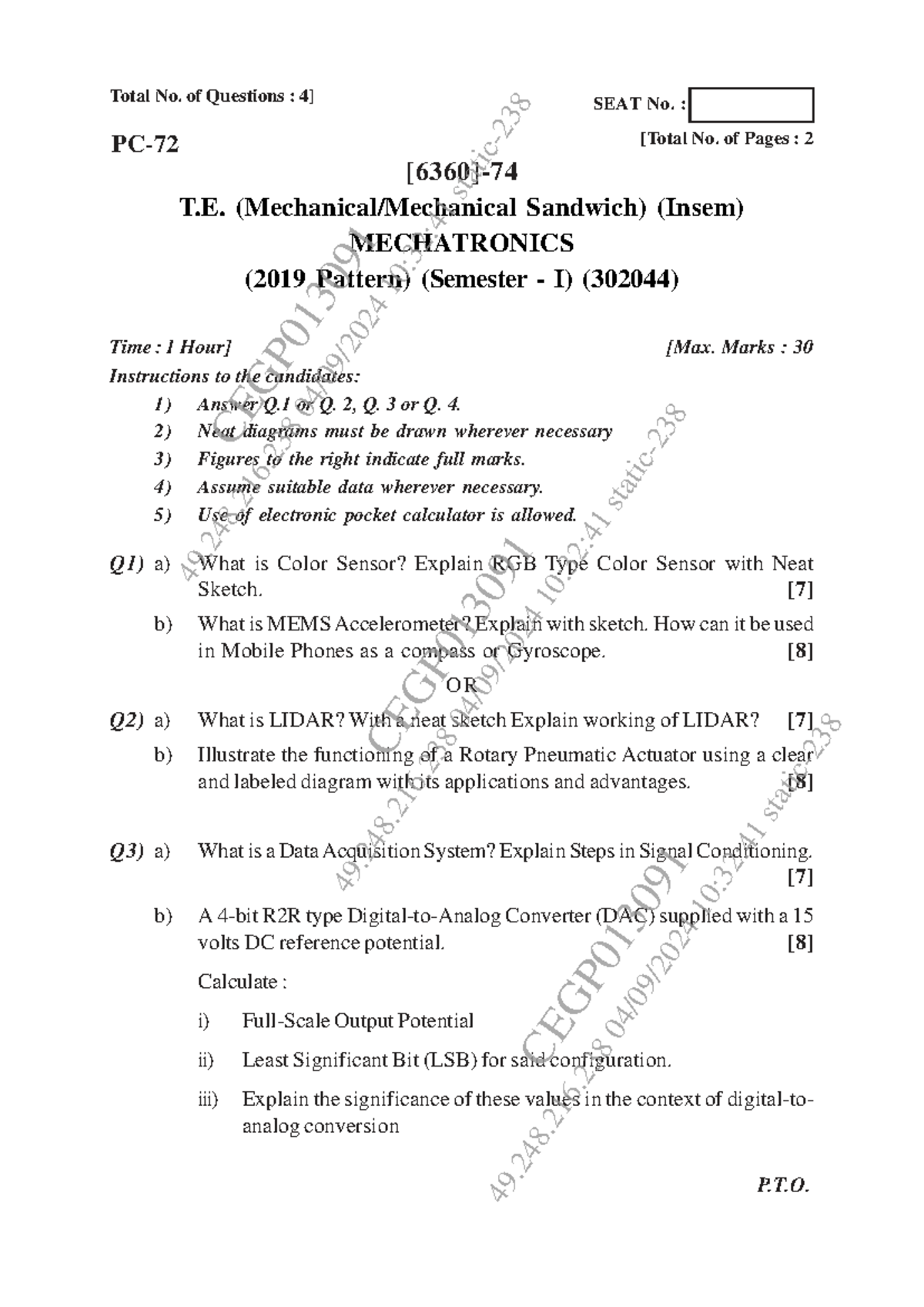 MECHATRONICS (302044) Insem Exam Paper - Sep 2024 - Studocu