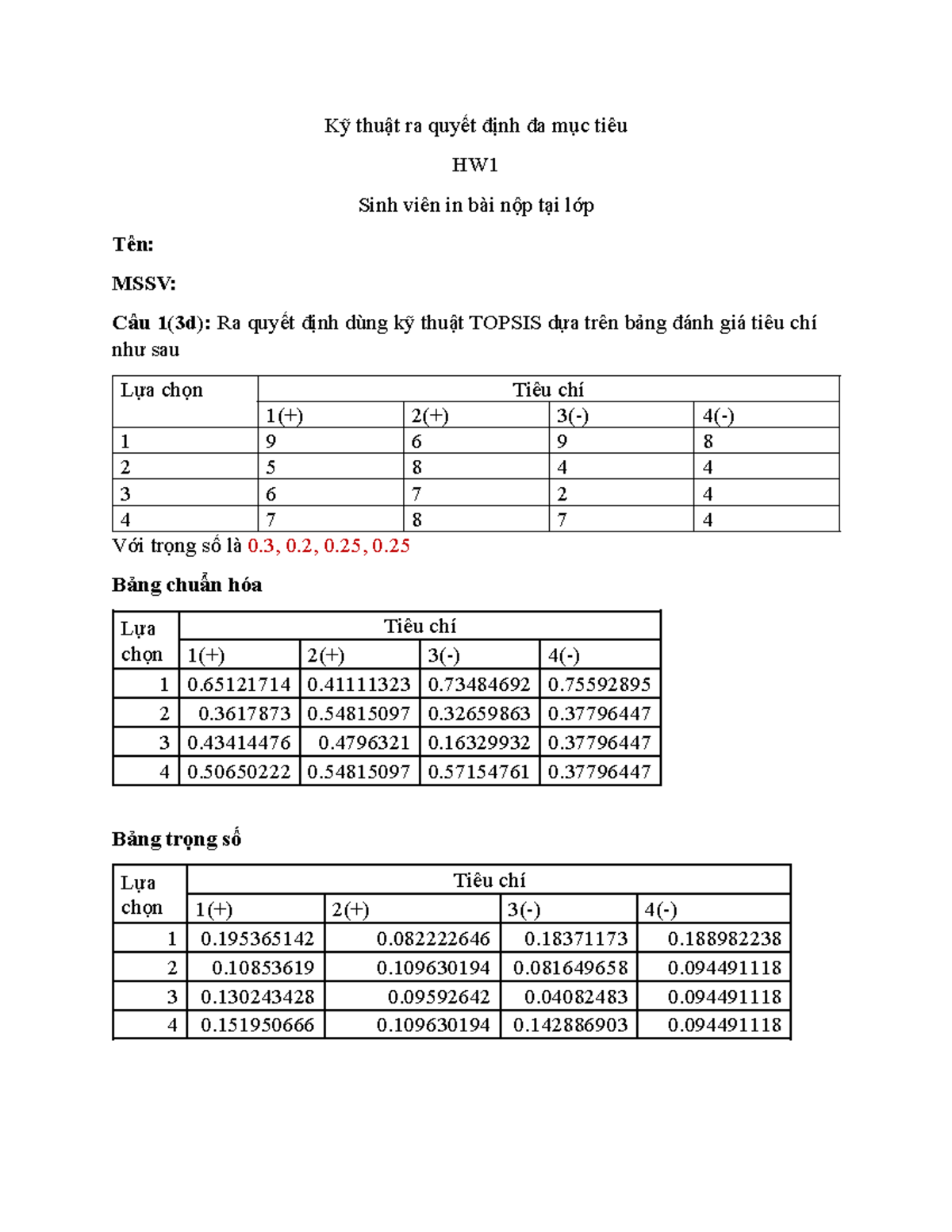Bài tập KTQĐ - KTKT - Kỹ thuật ra quyết định đa mục tiêu HW Sinh viên ...