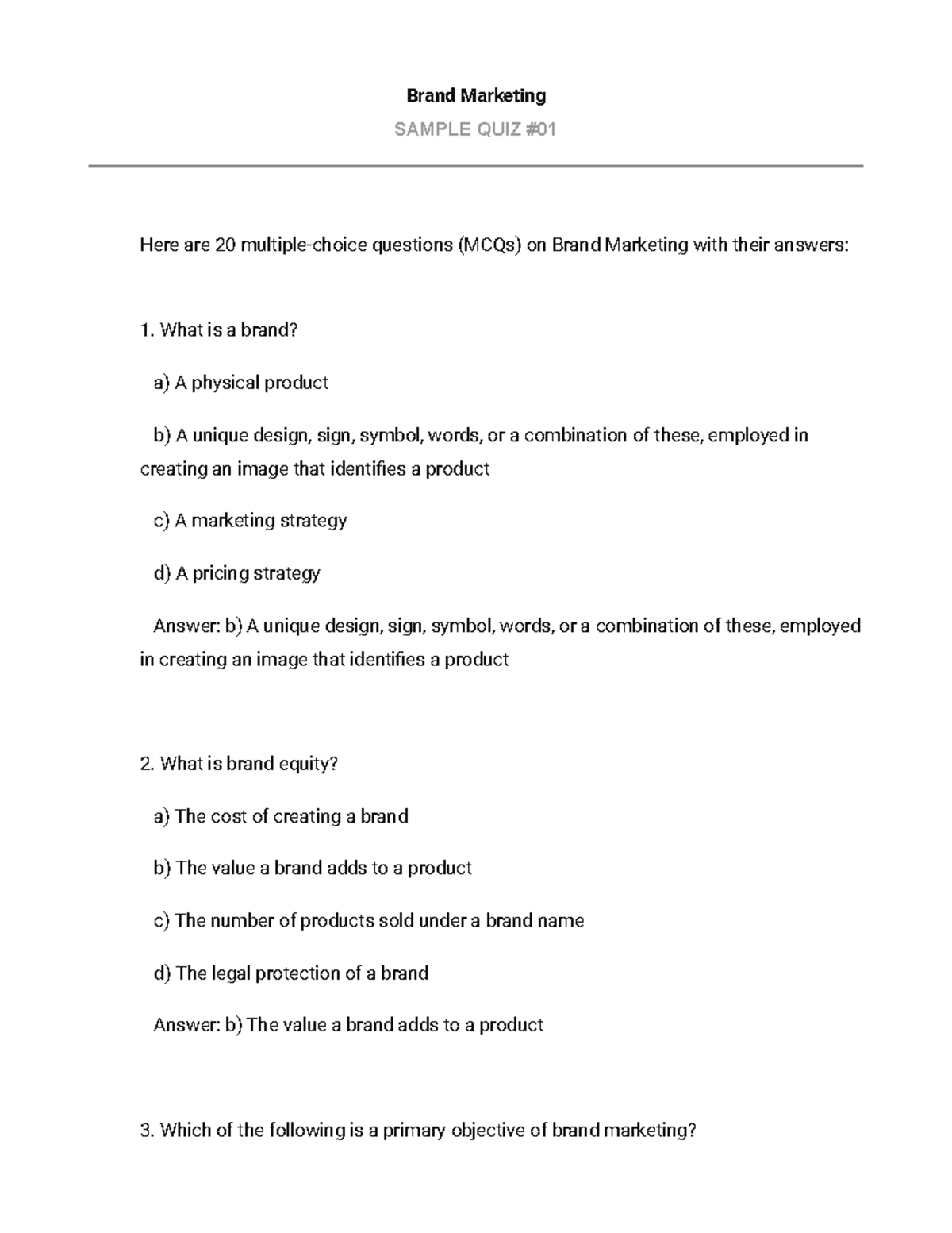 Brand Marketing: Key Concepts & Quiz Questions - Studocu