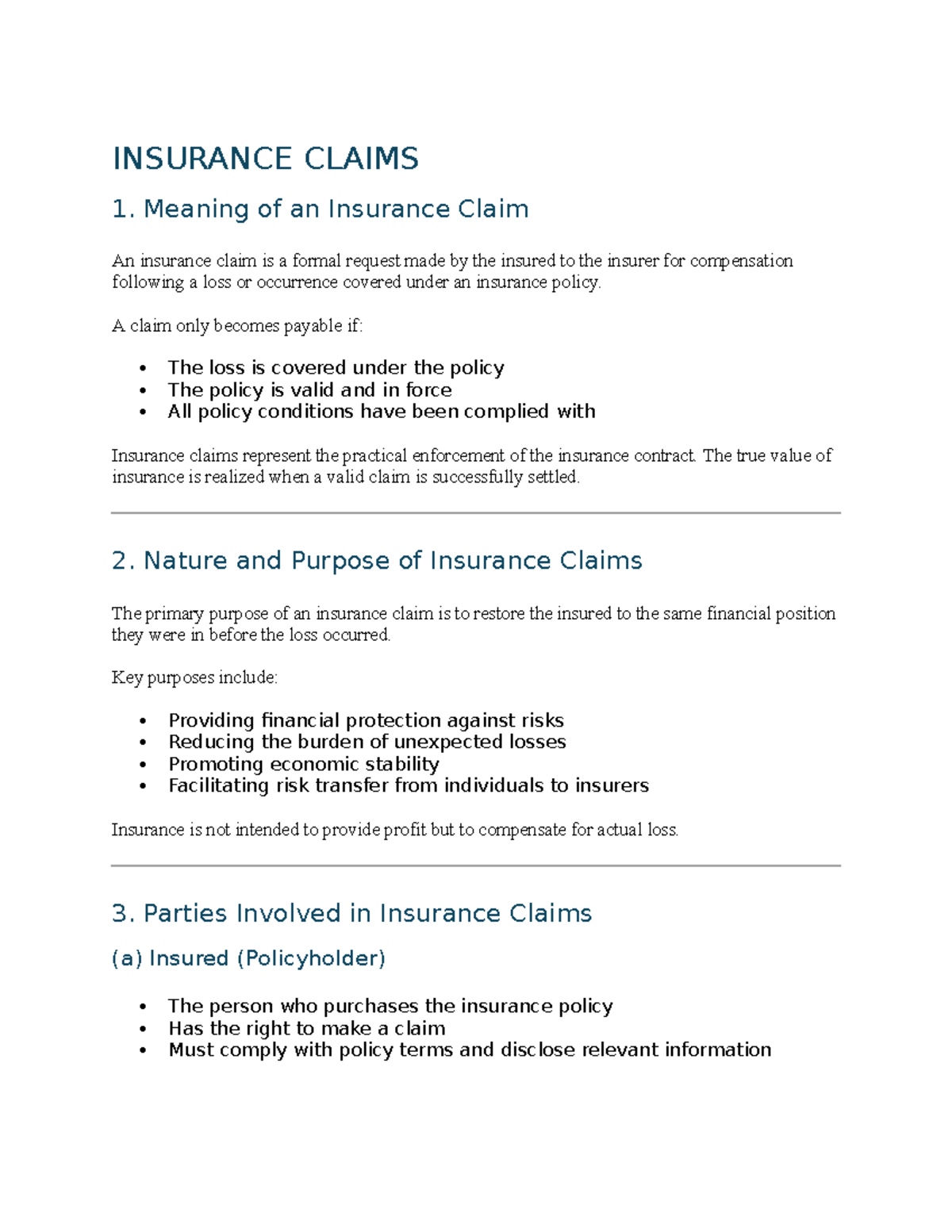 Insurance Claims - Summary Overview and Key Principles - Studocu