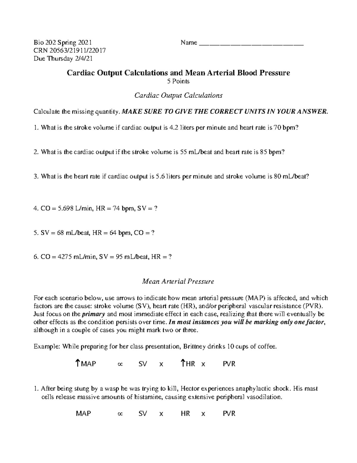 Bio 202 Spring 2021: Cardiac Output and MAP Calculations Worksheet ...