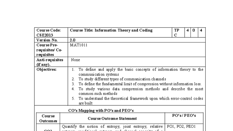 CSE2013: Information Theory & Coding Syllabus Overview - Studocu