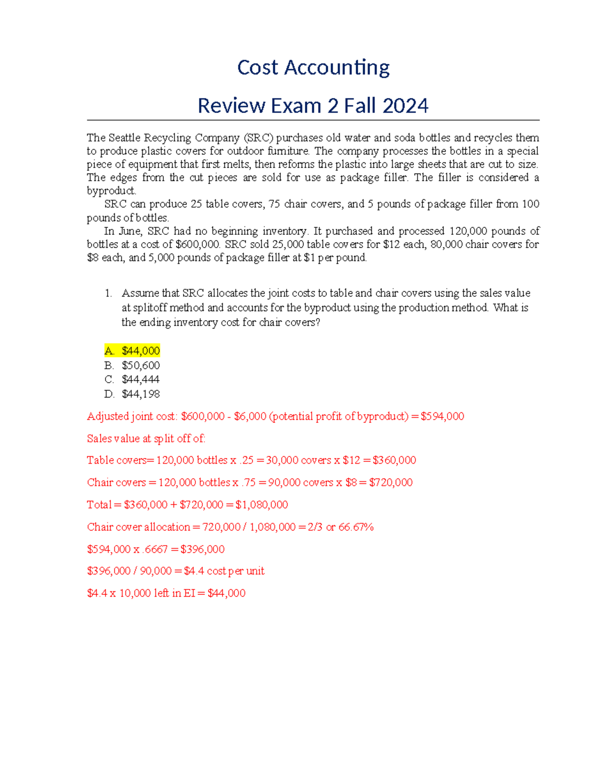 Cost Accounting Exam 2 Review Solutions - Fall 2024 - Studocu