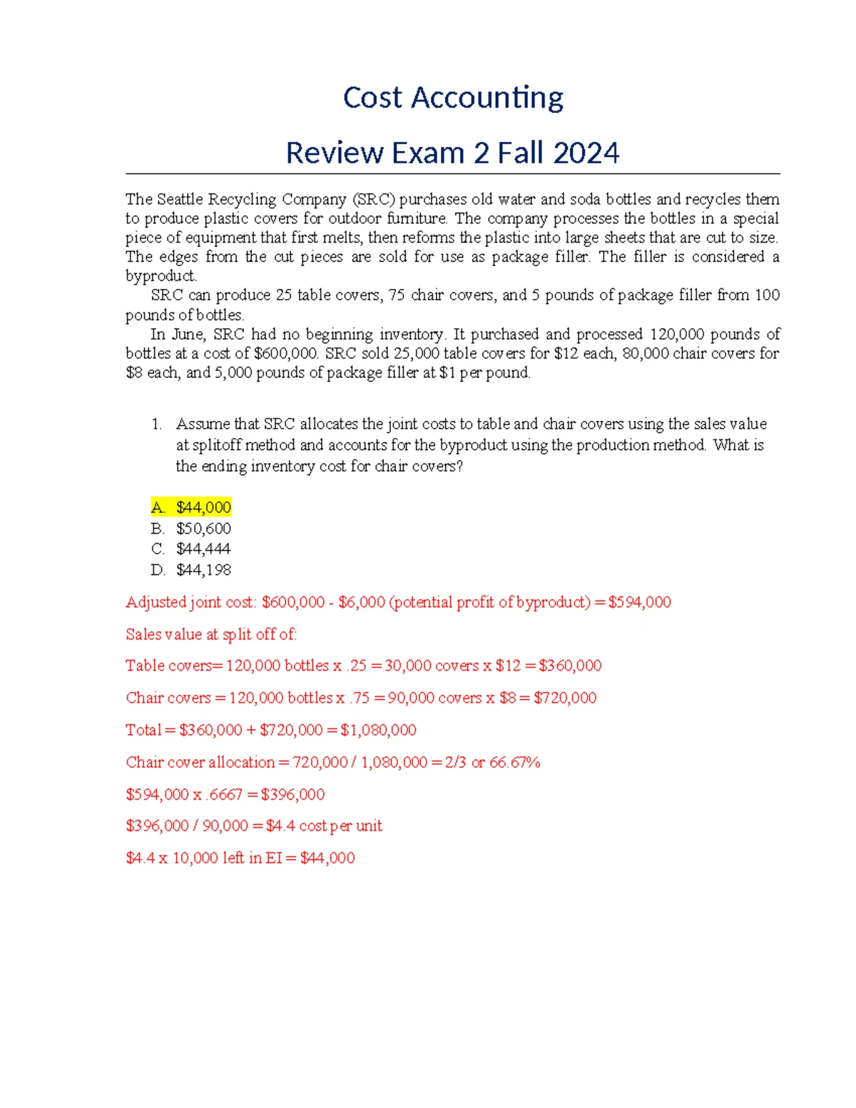 Cost Exam 2 Practice: Joint-Cost Allocation & Product Decisions 2024 ...