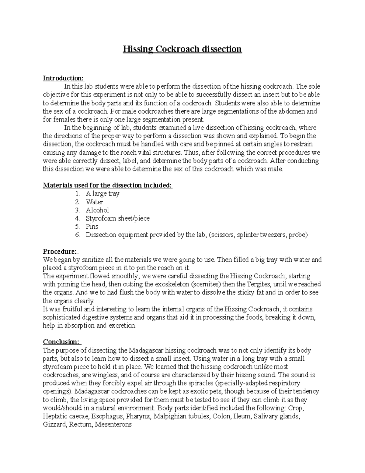 Cockroach Lab Report - Summary For Hissing Cockroach Dissection ...