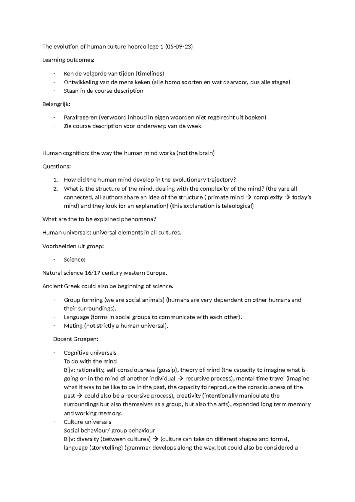 Human Culture Evolution: Hoorcollege 1 Insights & Learning Outcomes ...