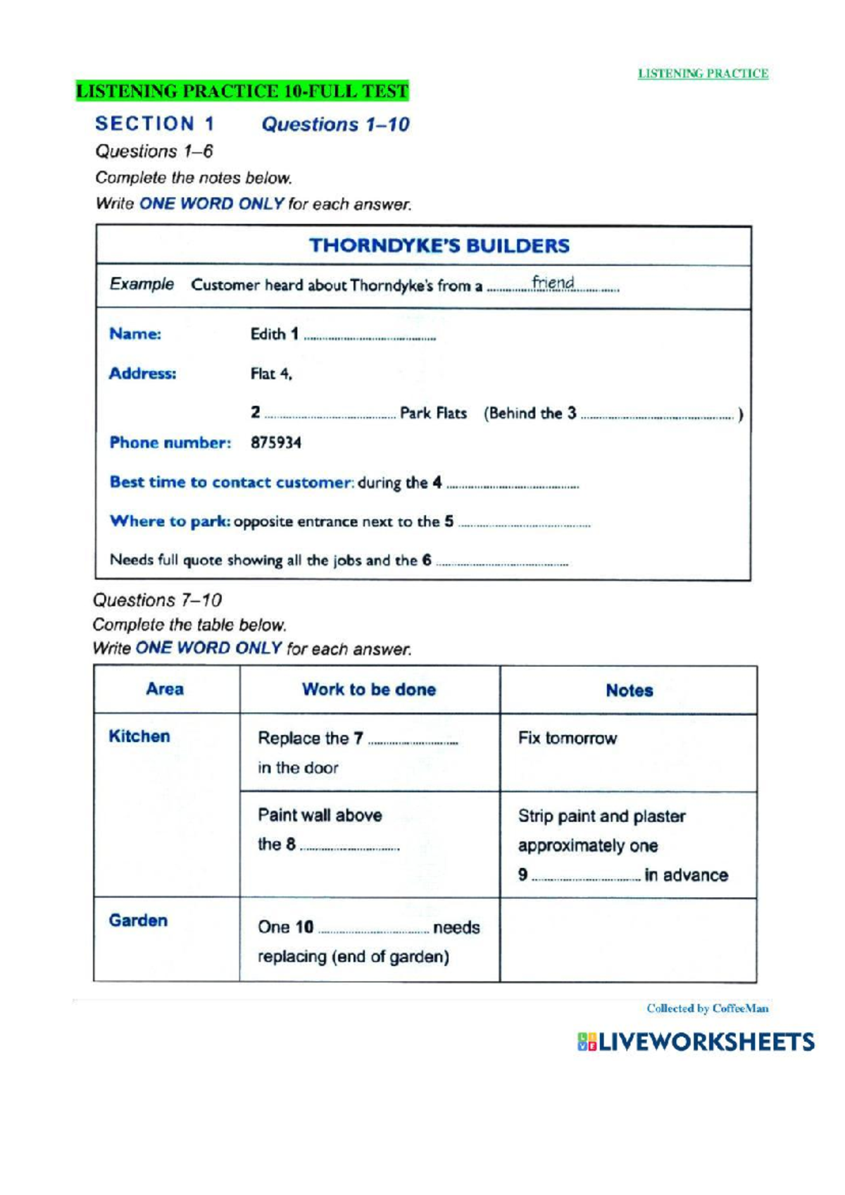 Listening Practice Test Worksheet 7233902 - Sections 1 to 4 - Studocu