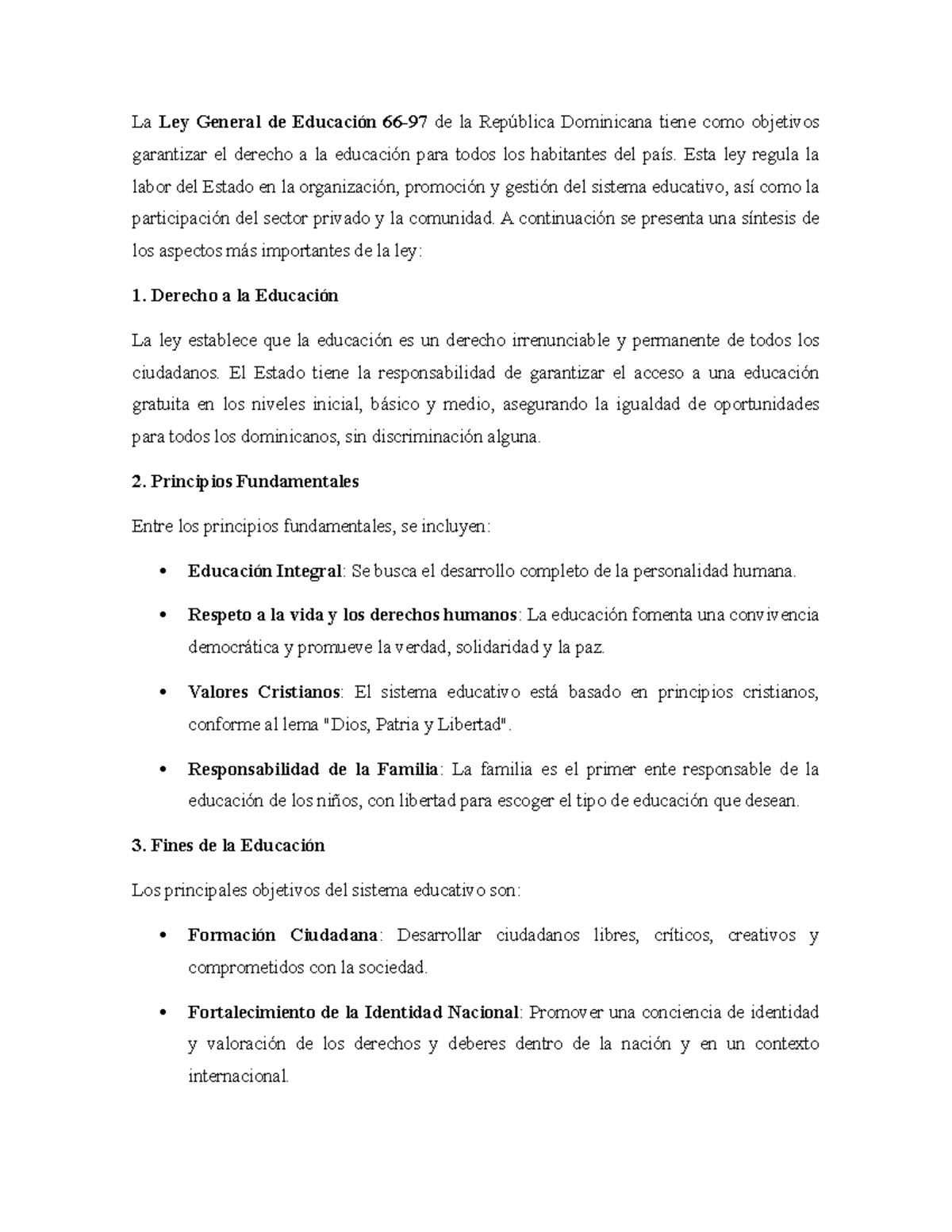 La Ley General de Educación 66-97: Análisis y Principios Clave - Studocu