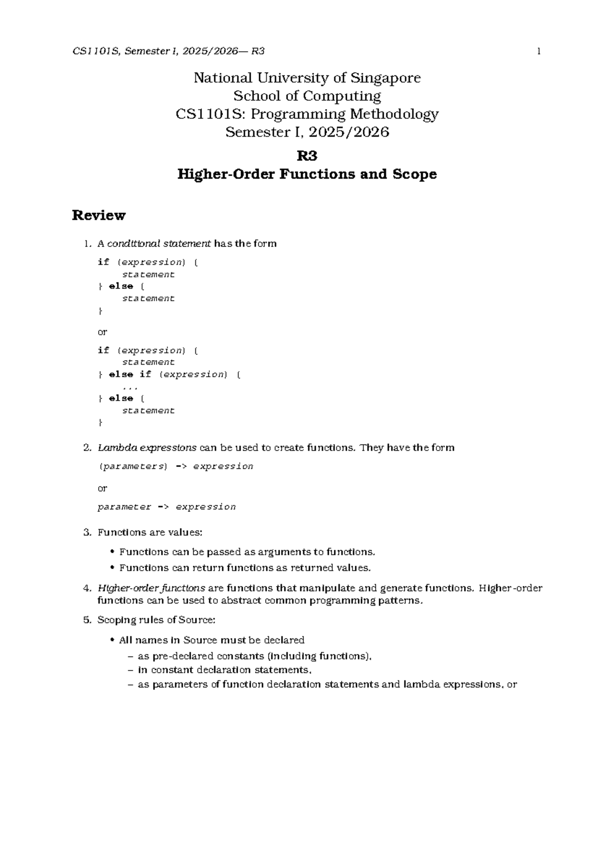 CS1101S Semester I R3 Functions and Scope Review Notes - Studocu