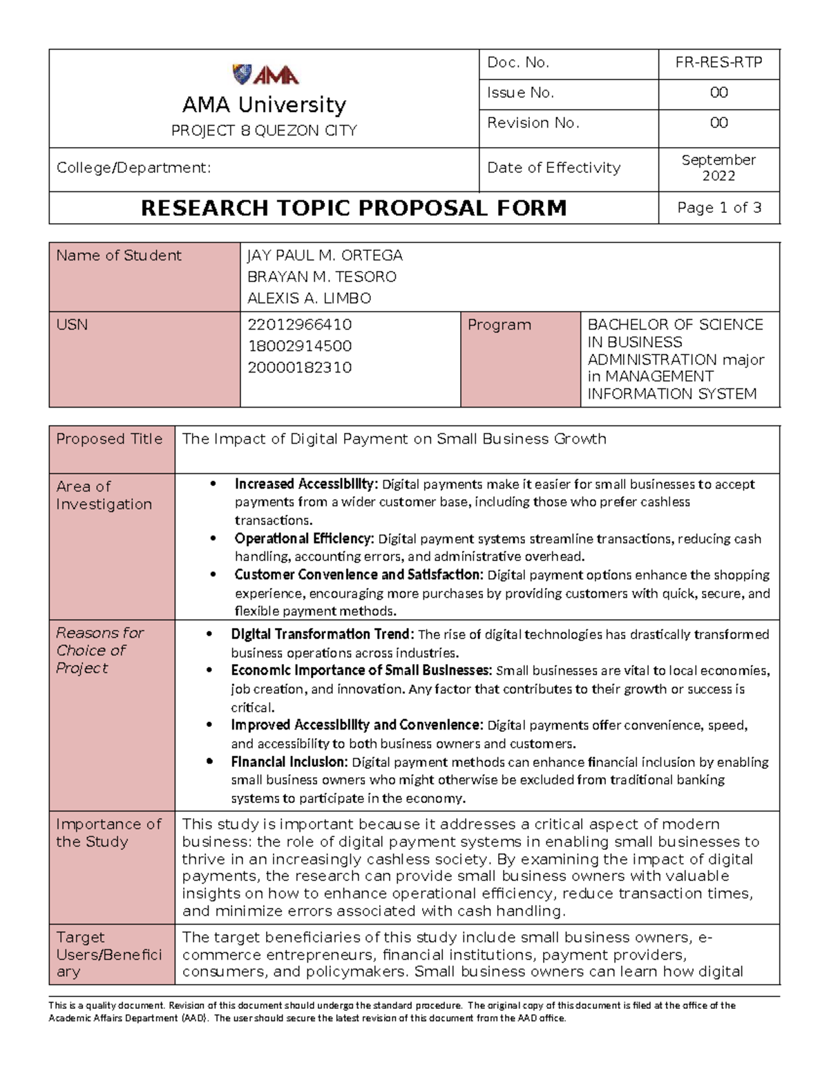 FR RES RTP Research Topic Proposal Form 1 - AMA University PROJECT 8 ...