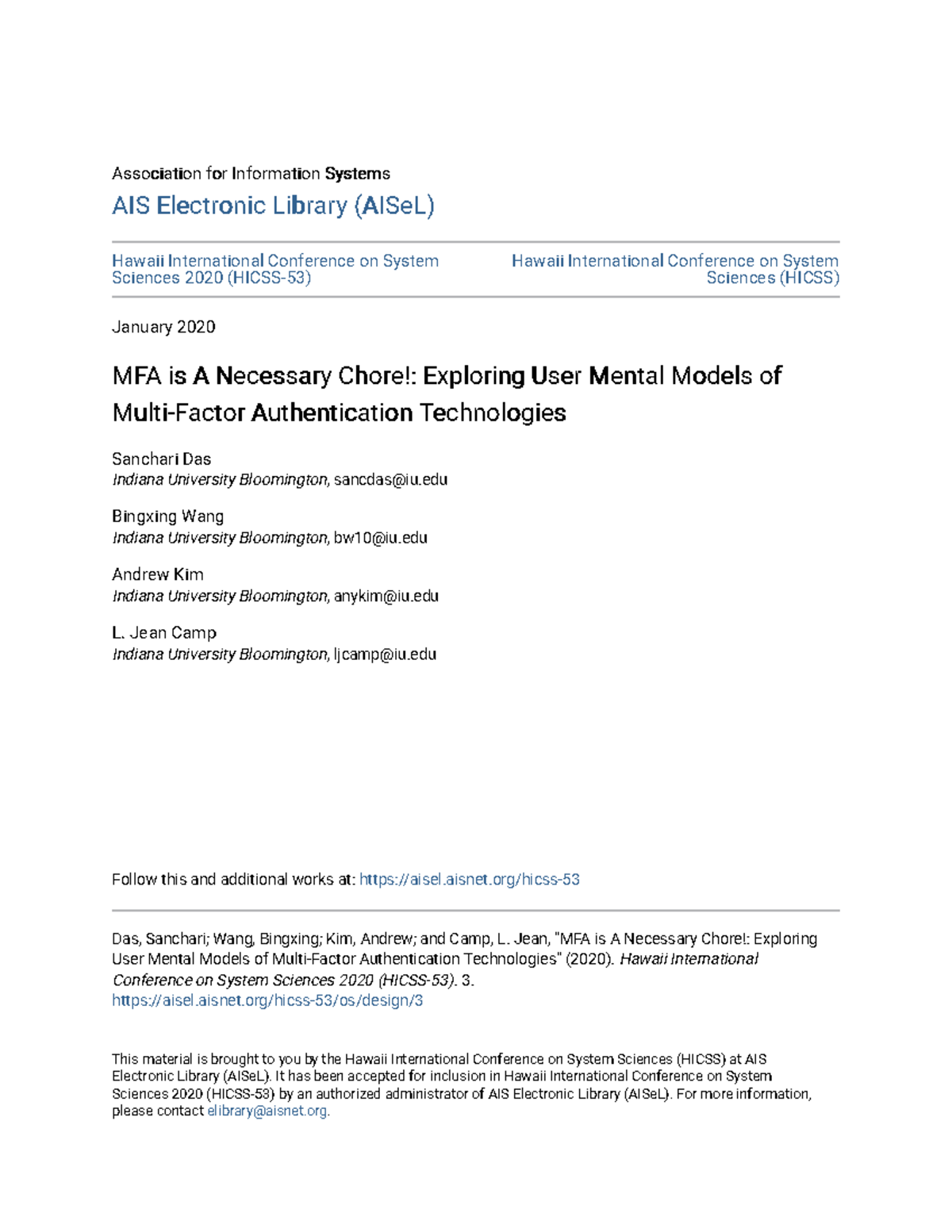 MFA is A Necessary Chore: User Mental Models of Authentication (HICSS ...