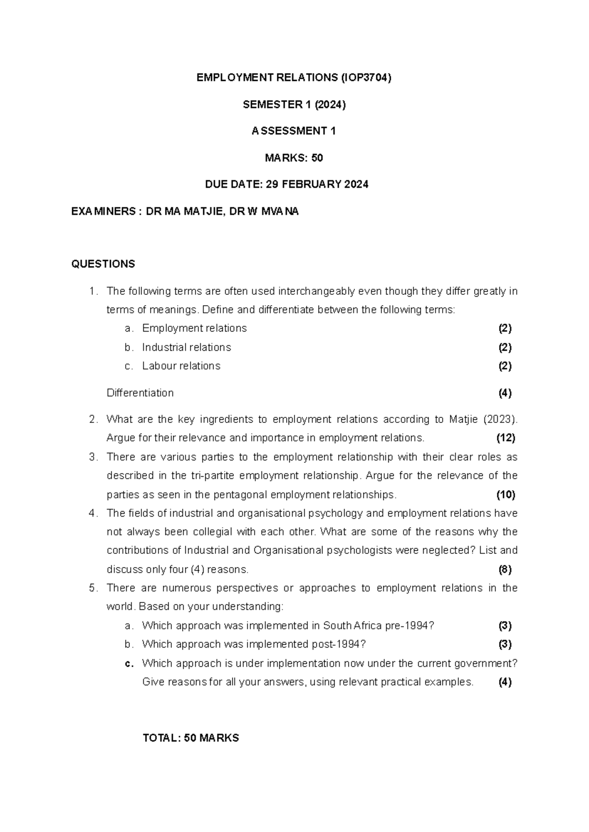 IOP3704 SEM 1 2024 Employment Relations Assessment 1 Guide - Studocu
