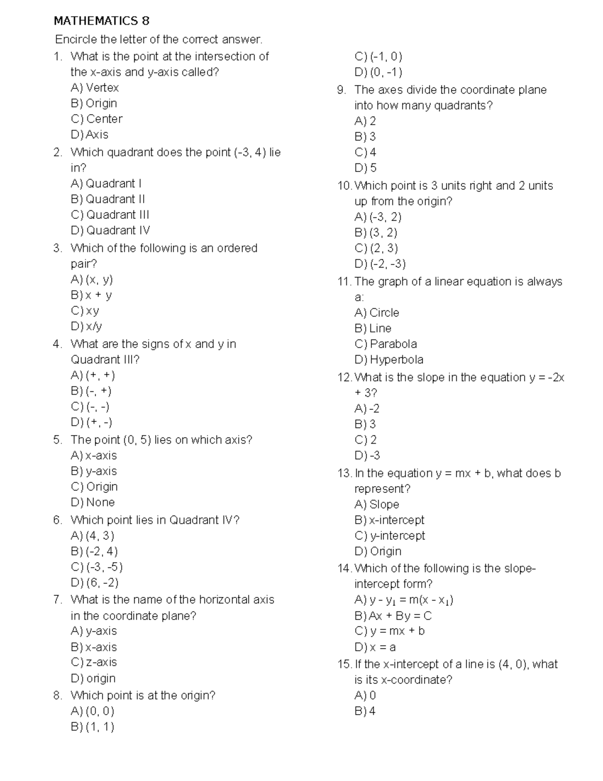 MATHEMATICS 8 - Practice Test on Coordinate Geometry Concepts - Studocu