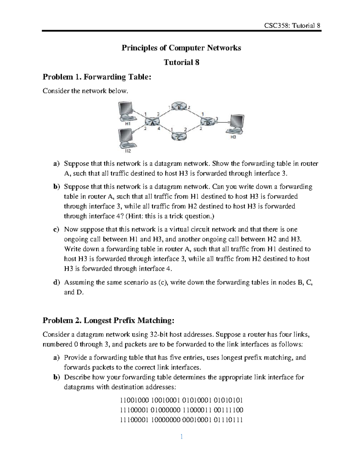 CSC358: Tutorial 8 Class Notes on Forwarding Tables and Addressing ...