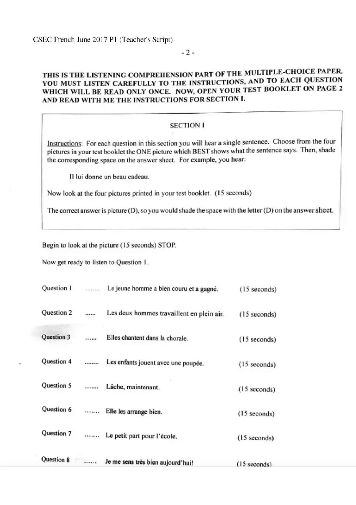 CSEC French June 2017 P1 Listening Comprehension Teacher's Script - Studocu